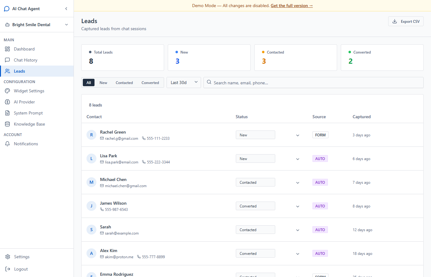 Lead capture — contacts, emails, phone numbers from chat