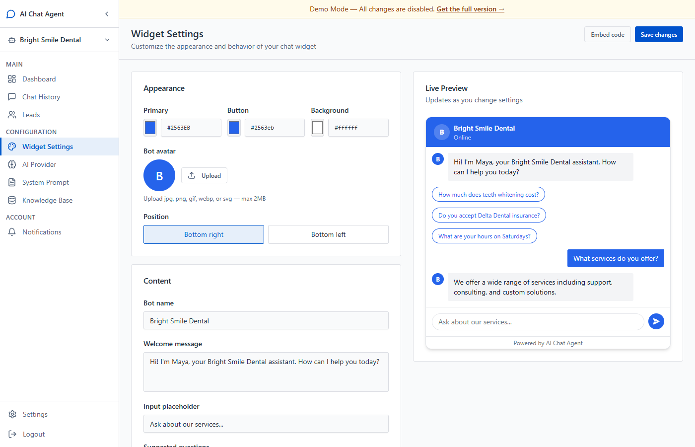 Widget customization — colors, avatar, live preview